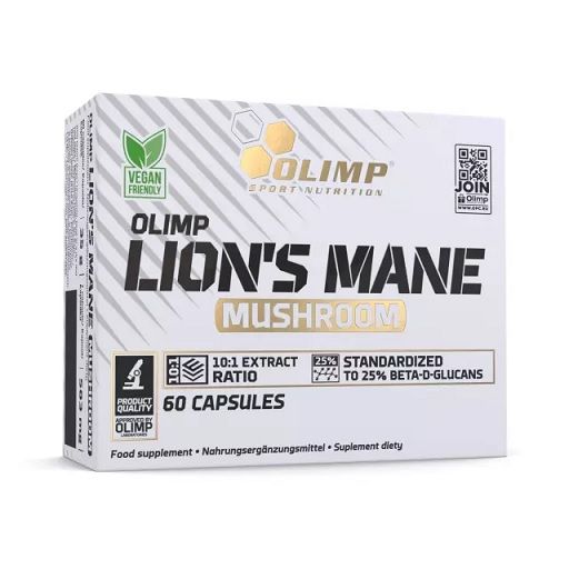 Weißer Karton mit "Olimp Lion's Mane Mushroom". Vegan-Siegel. Text: 10:1 Extrakt, 25% Beta-D-Glucane, 60 Kapseln.