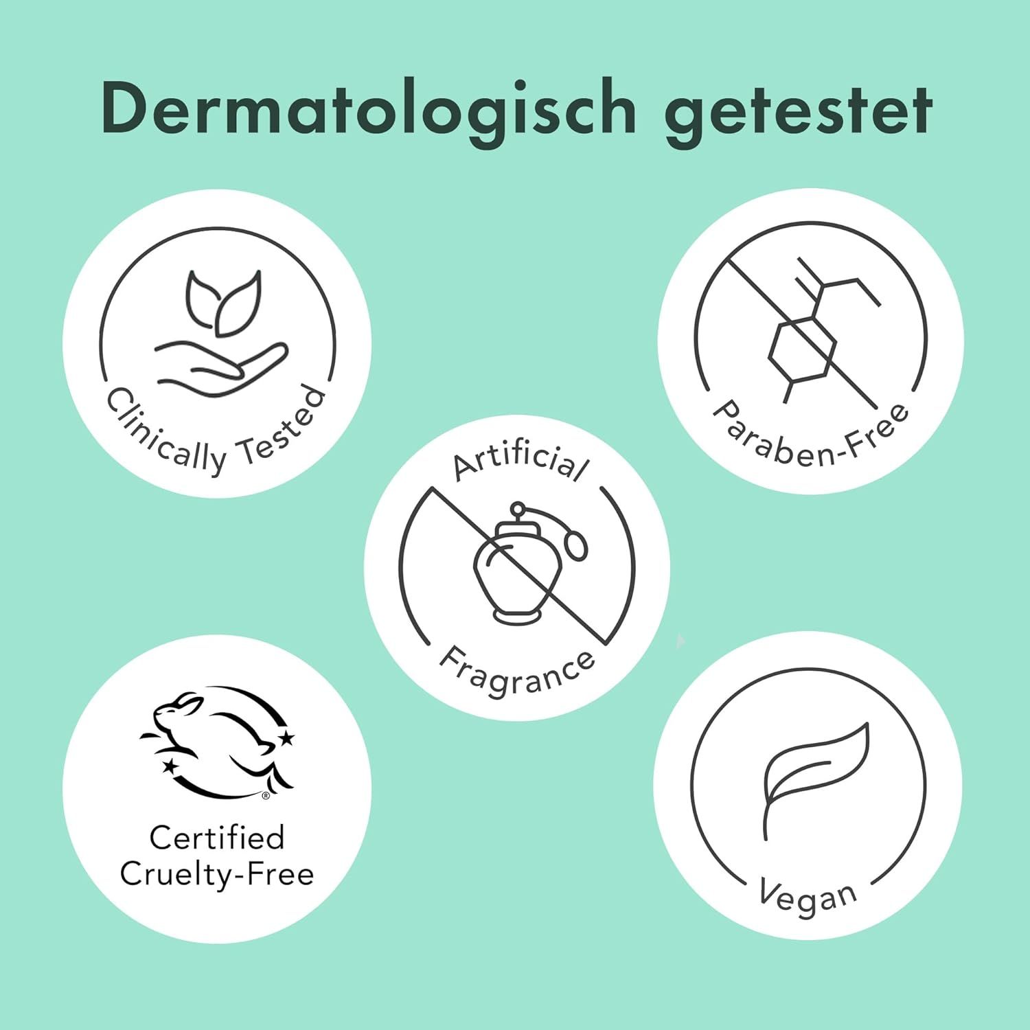 Verschiedene Logos auf grünem Hintergrund. Text: Dermatologisch getestet, Klinisch getestet, Vegan, Cruelty-Free, Paraben-Free.
