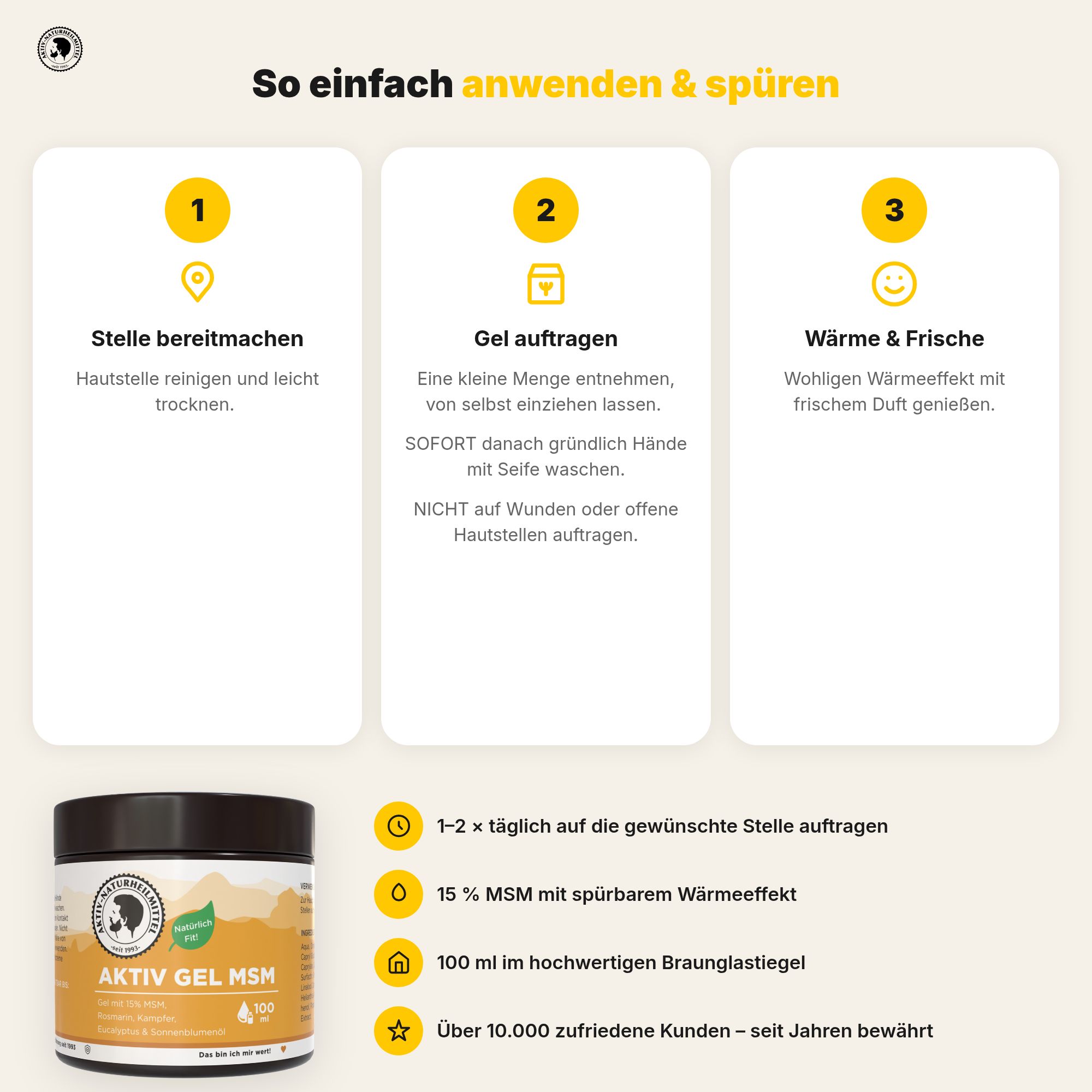 Anwendungshinweise für Aktiv Gel MSM in drei Schritten.