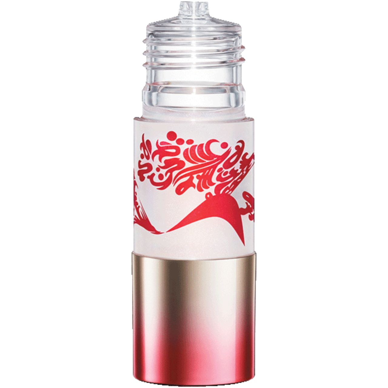 Zylindrische Flasche mit rotem Muster. Unterteil goldfarben, Oberteil transparent. Keine weiteren Details.