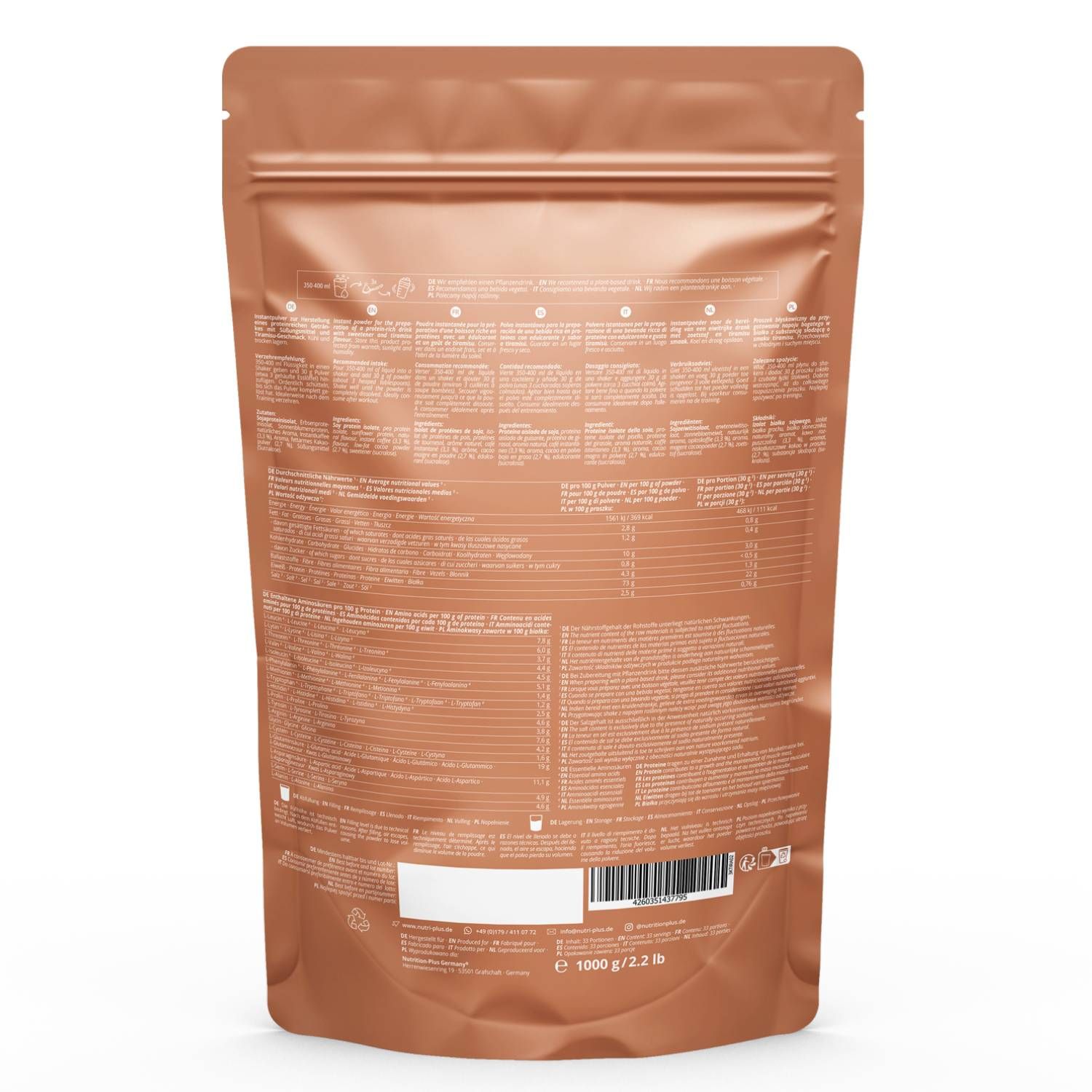 Rückseite eines braunen Standbeutels. Text mit Nährwertangaben und Inhaltsstoffen. Unten: 1000 g / 2.2 lbs.