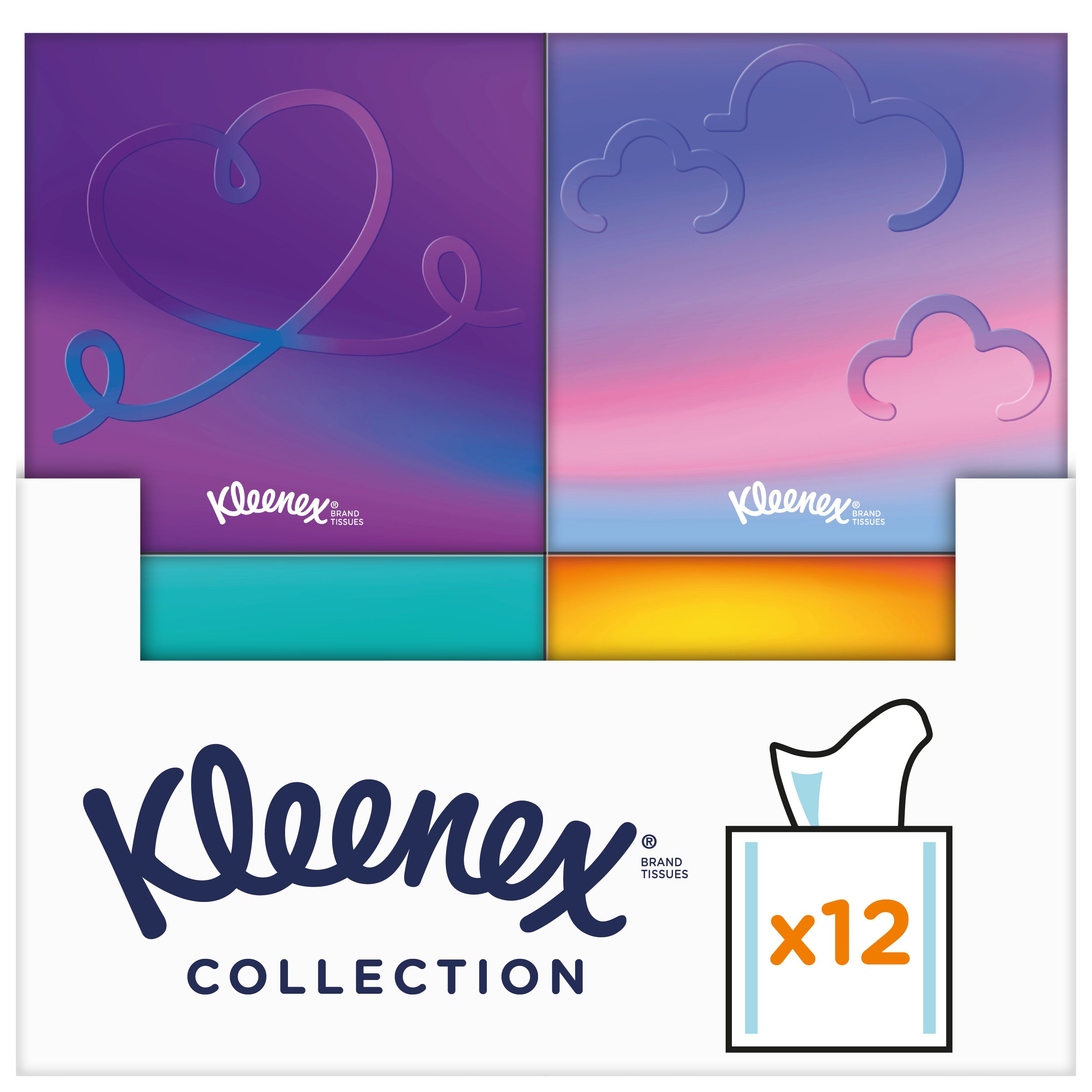 Kleenex Collection Boxen. 2 Boxen im Display. Mehrfarbige Boxen mit Wolken- und Herzmotiven. Kleenex-Logo. x12.