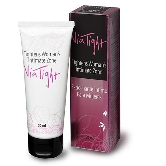 Creme-Tube und Schachtel. Aufschrift: ViaTight, Tightens Woman's Intimate Zone. 50 ml.