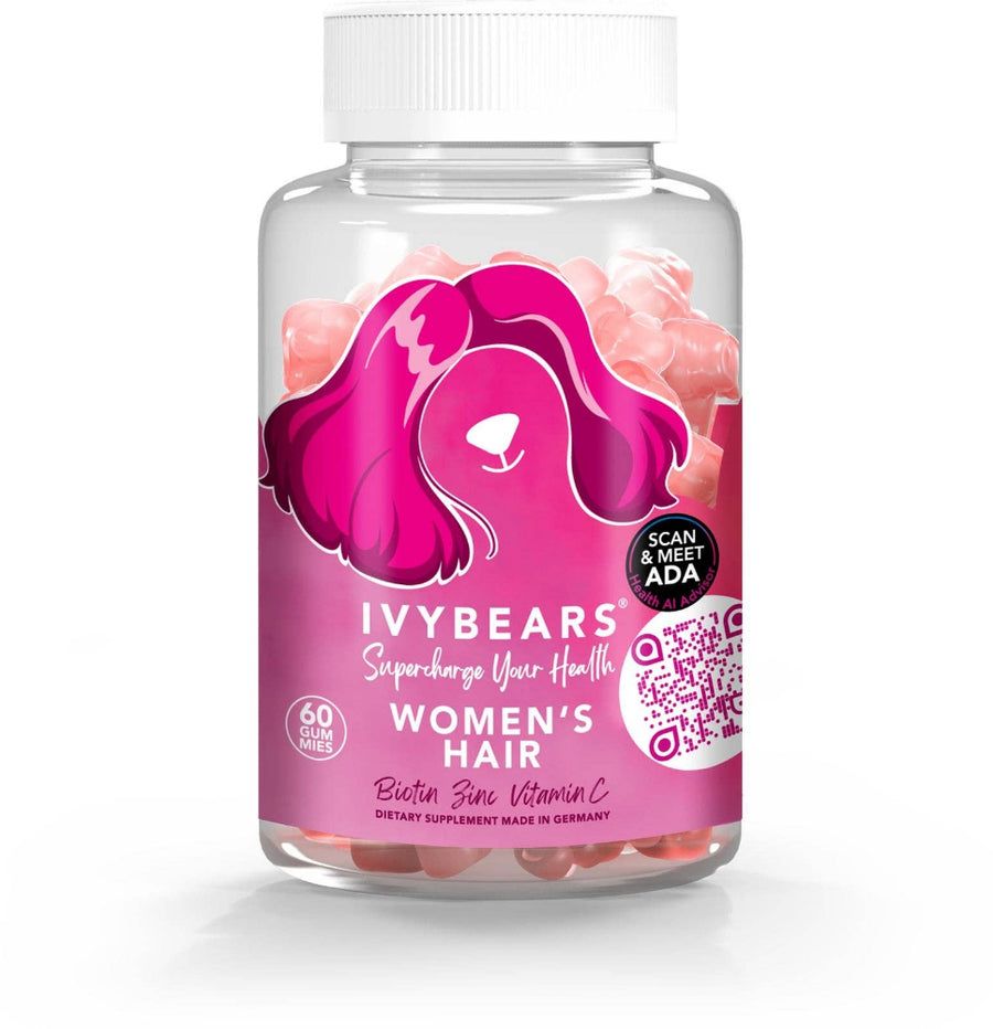 Klare Flasche mit rosa Gummibärchen. Aufschrift: IVYBEARS Women's Hair. 60 Stück. Biotin, Zink, Vitamin C.