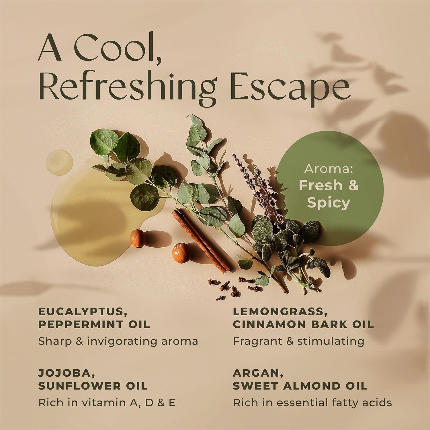 Zusammensetzung von Ölen und Kräutern. Enthält Eukalyptus, Pfefferminzöl, Jojobaöl, Sonnenblumenöl, Zitronengras, Zimtrindenöl, Arganöl, Süßmandelöl.
