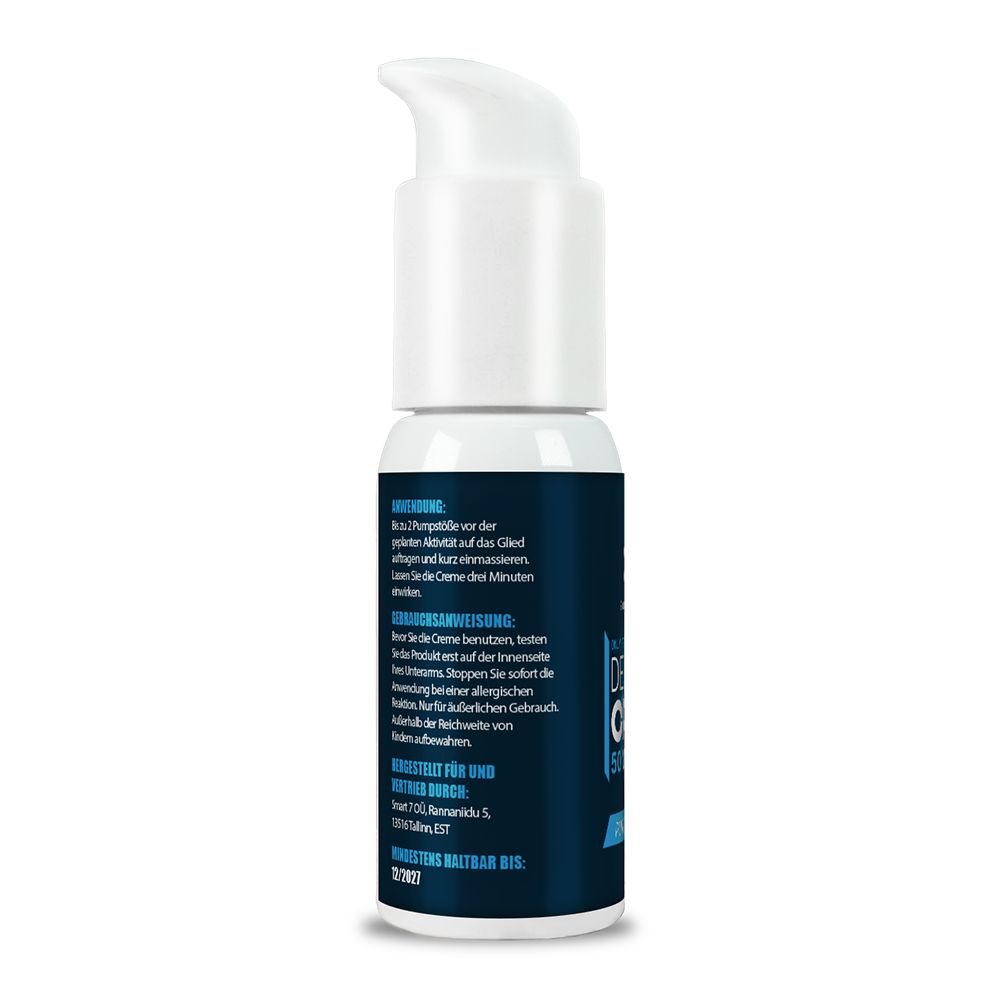 Blaue Flasche mit weißem Pumpkopf. Rückseite mit Text in deutscher Sprache. Enthält Anwendungshinweise und Inhaltsstoffe.