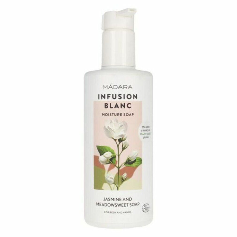 Weiße Flasche mit Klappverschluss. Aufschrift: MÁDARA, INFUSION BLANC, Moisture Soap. Abbildung: weiße Blume. Text: Jasmin und Mädesüß Seife.