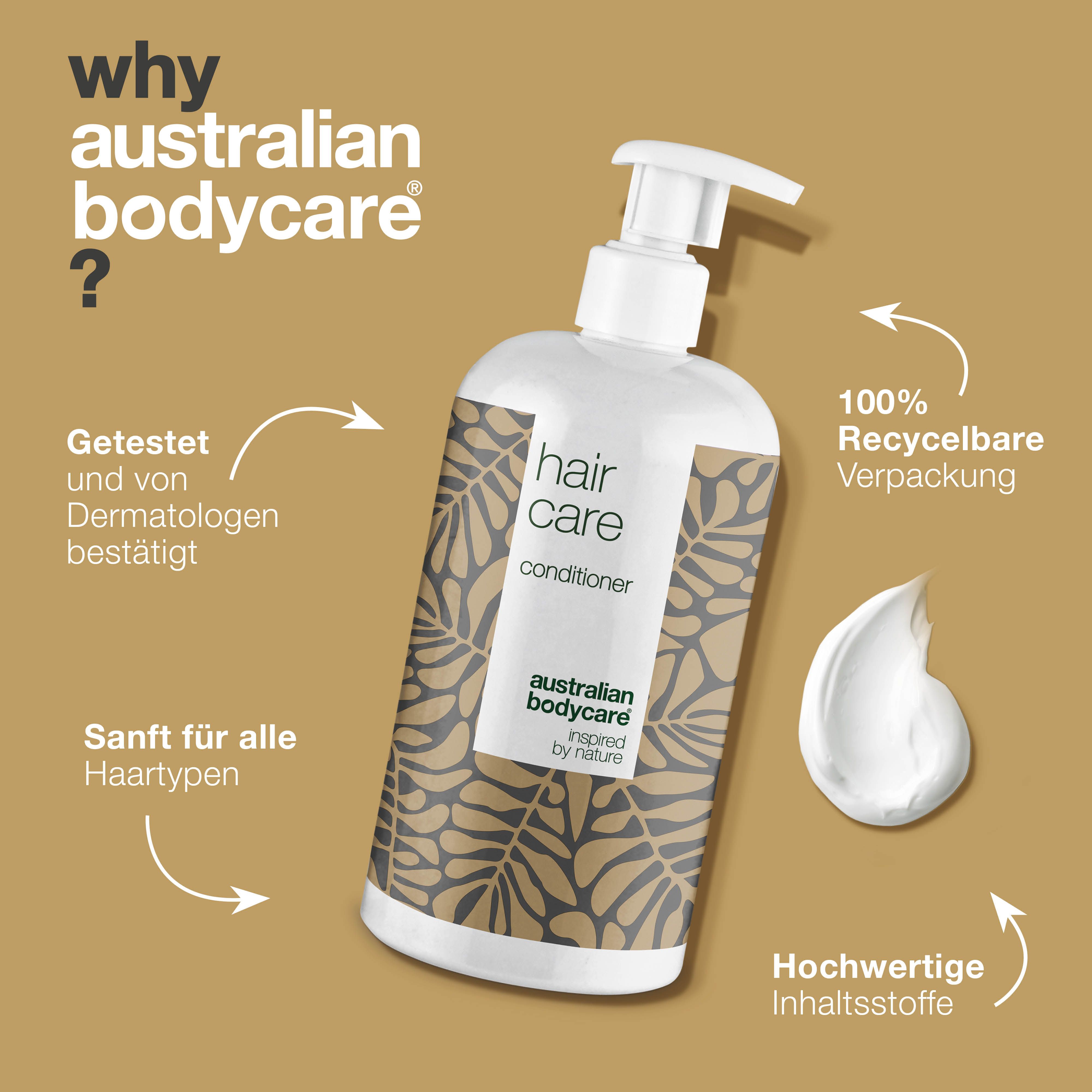 Flasche Conditioner mit Pumpverschluss. Text: Hair Care, australian bodycare. Zitat: trockene Kopfhaut verbessert.