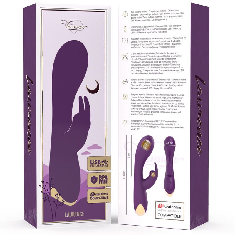 Verpackung des Laurence Rabbit Vibrators. Lila und goldfarbenes Design. Enthält Produktabbildung, Text und Logos.