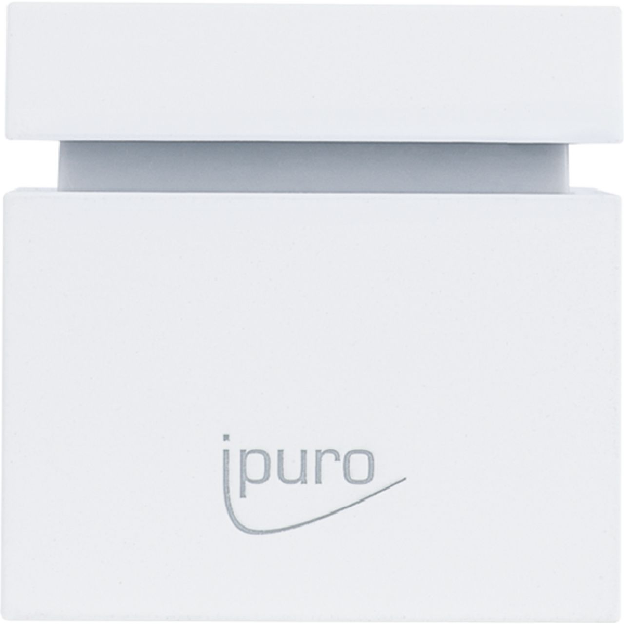Weißer, würfelförmiger Diffusor mit dem Schriftzug "ipuro". Oberhalb des Würfels ein rechteckiger Teil.