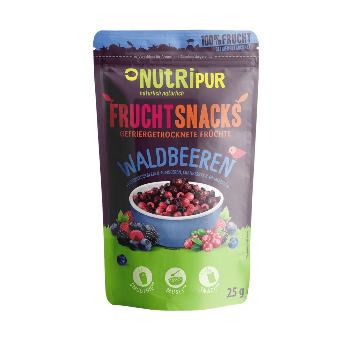 Beutel NutriPur Frucht-Snacks Waldbeeren. Gefriergetrocknete Früchte. 25g. Grün-lila Verpackung mit Produktabbildung.