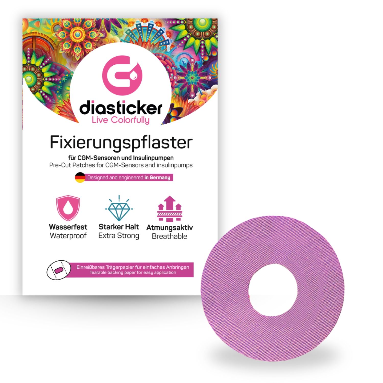 Fixierpflaster für CGM-Sensoren und Insulinpumpen. Lila, rund mit Loch. Verpackung mit Logo und Produktinformationen.