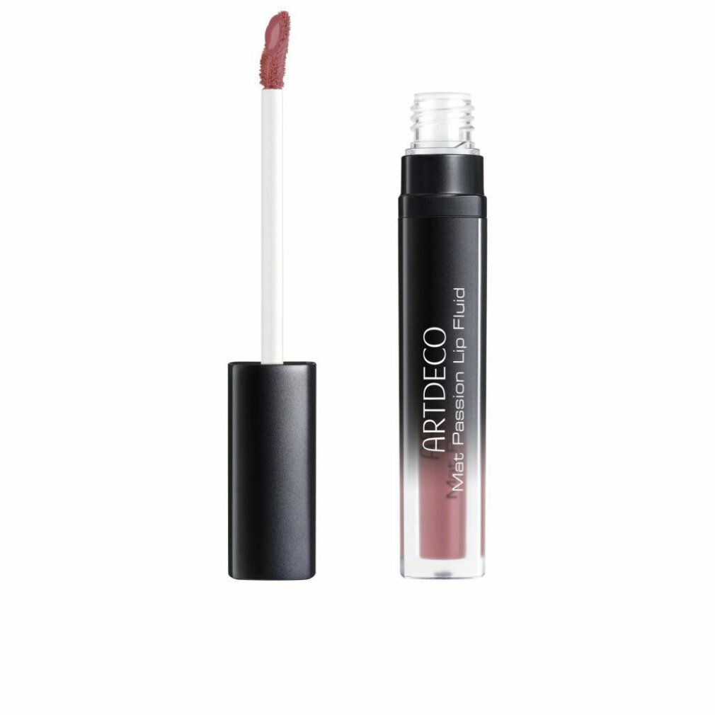 Artdeco Mat Passion Lip Fluid, offene Flasche mit Applikator. Schwarzer Deckel, transparente Hülse, rosa Inhalt. Text: Mat Passion Lip Fluid.