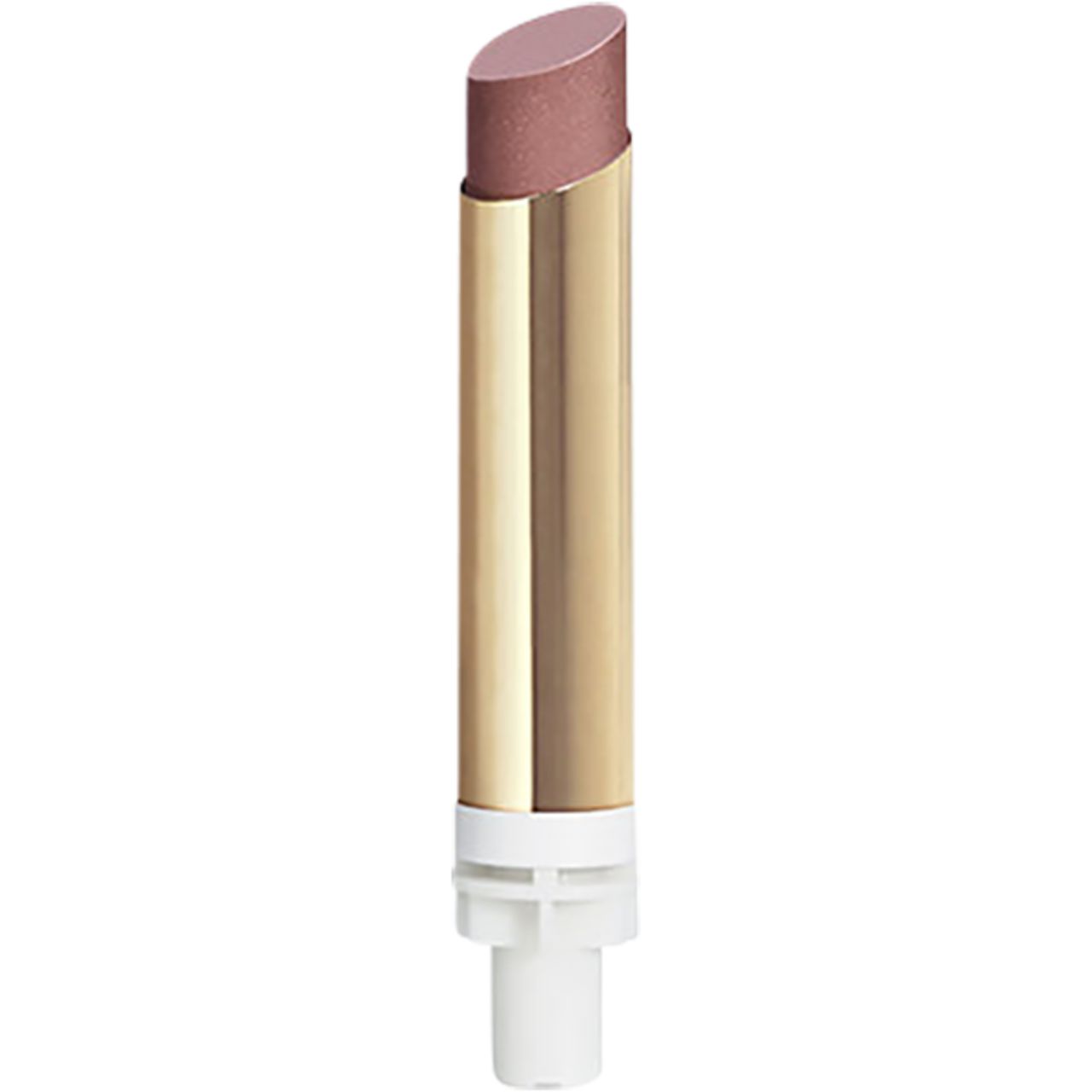 Lippenstift-Nachfüller mit schräger Spitze. Goldfarbene Hülse, weißer Sockel. Rosa Lippenstift-Farbe.