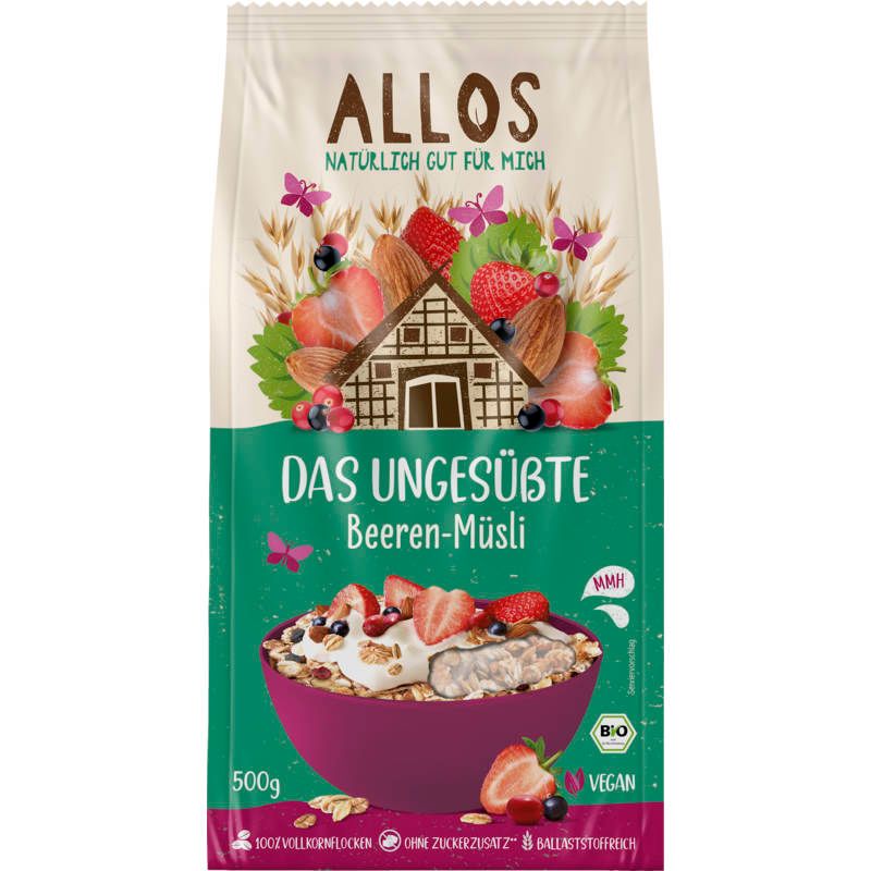 Verpackung von Allos Beeren-Müsli. Oben steht "ALLOS". Darunter "DAS UNGESÜBTE Beeren-Müsli". Mit Früchten und einer Schüssel Müsli.