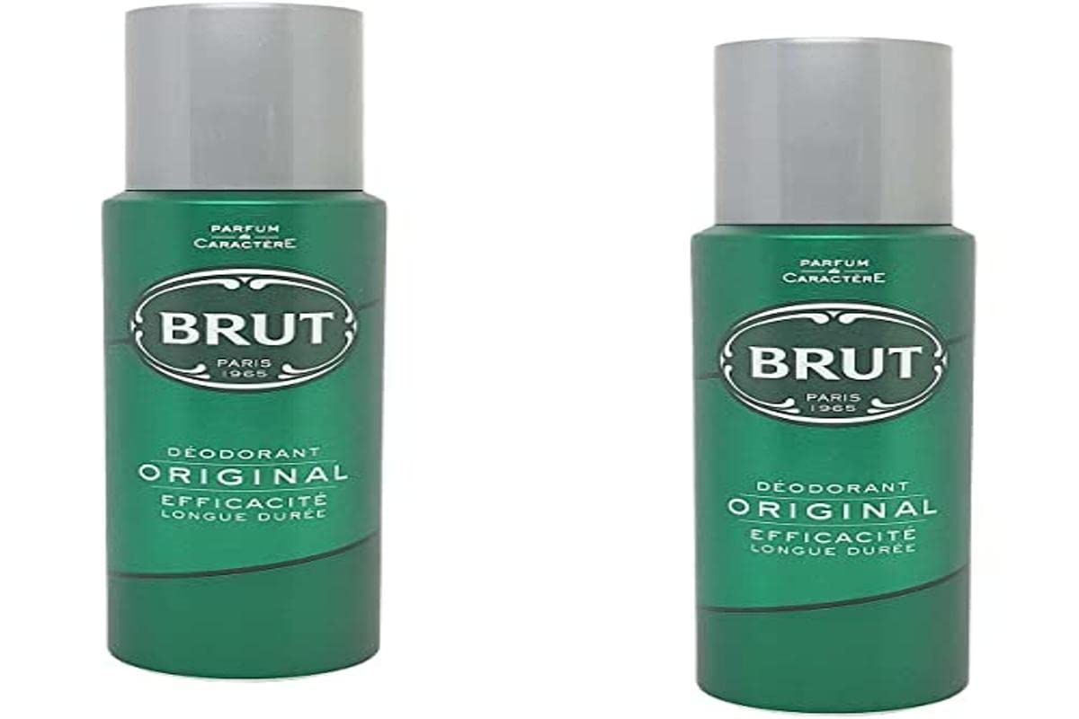 Zwei grüne Deodorant-Spraydosen mit silbernen Deckeln. Aufschrift: BRUT, ORIGINAL DEODORANT, EFFACITE LONGUE DUREE, BRUT PARFUMS PRESTIGE.
