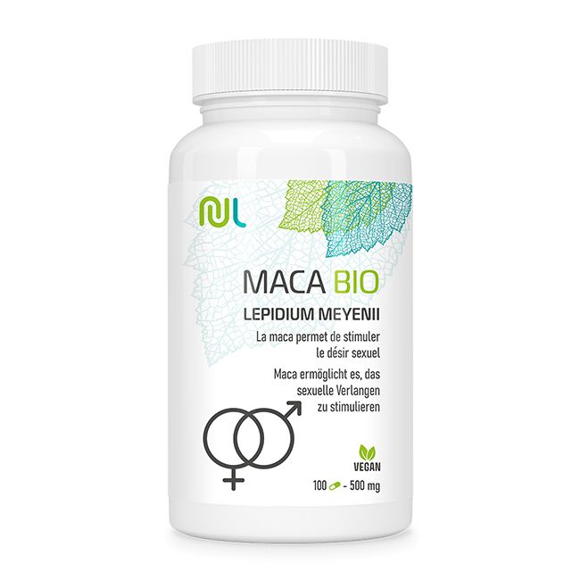 Weiße Flasche mit Kapseln. Aufschrift: Maca Bio, Lepidium meyenii. Vegan-Siegel. Abbildung von Geschlechterzeichen.