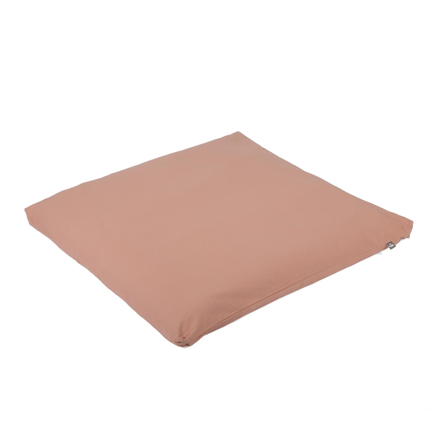 Rosa Meditationsmatte Zabuton ECO, quadratisch, mit seitlichem Reißverschluss und Markenlogo.