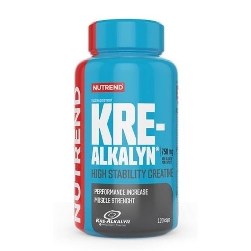 Blau-rote Flasche mit weißem Etikett. Aufschrift: KRE-ALKALYN, 120 Kapseln, 750 mg. Hochstabile Kreatin.