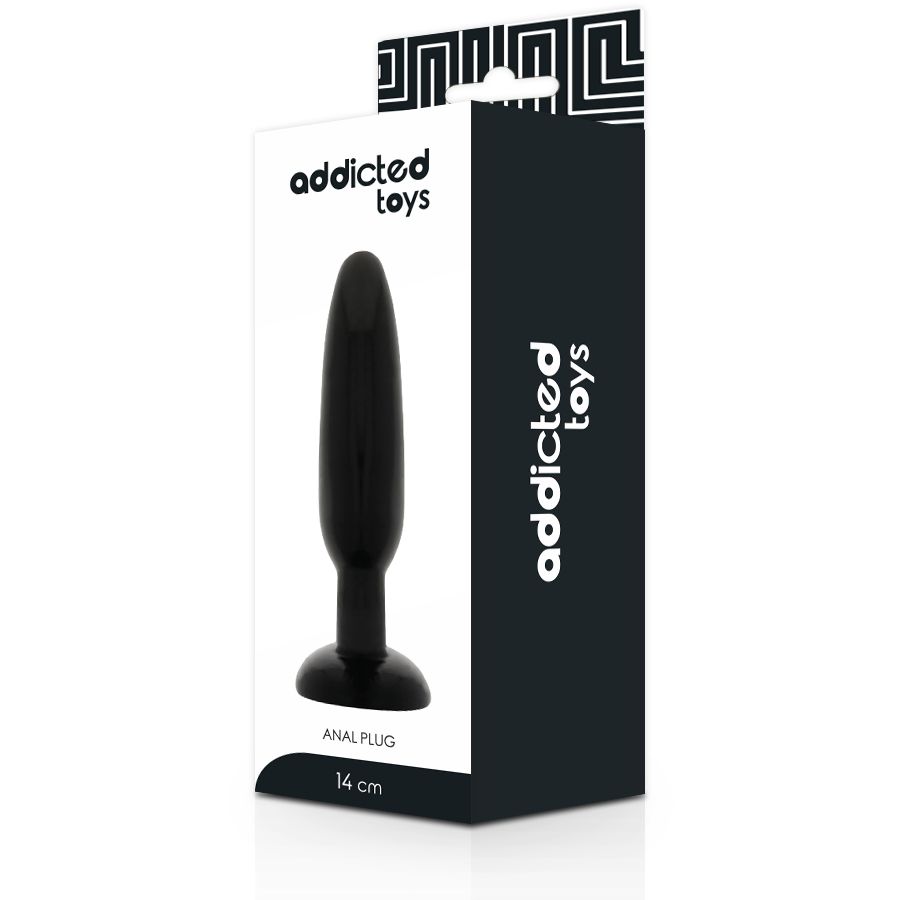 Verpackung mit schwarzem Analplug. Marke Addicted Toys. Produktname: Anal Plug. Größe: 14 cm.