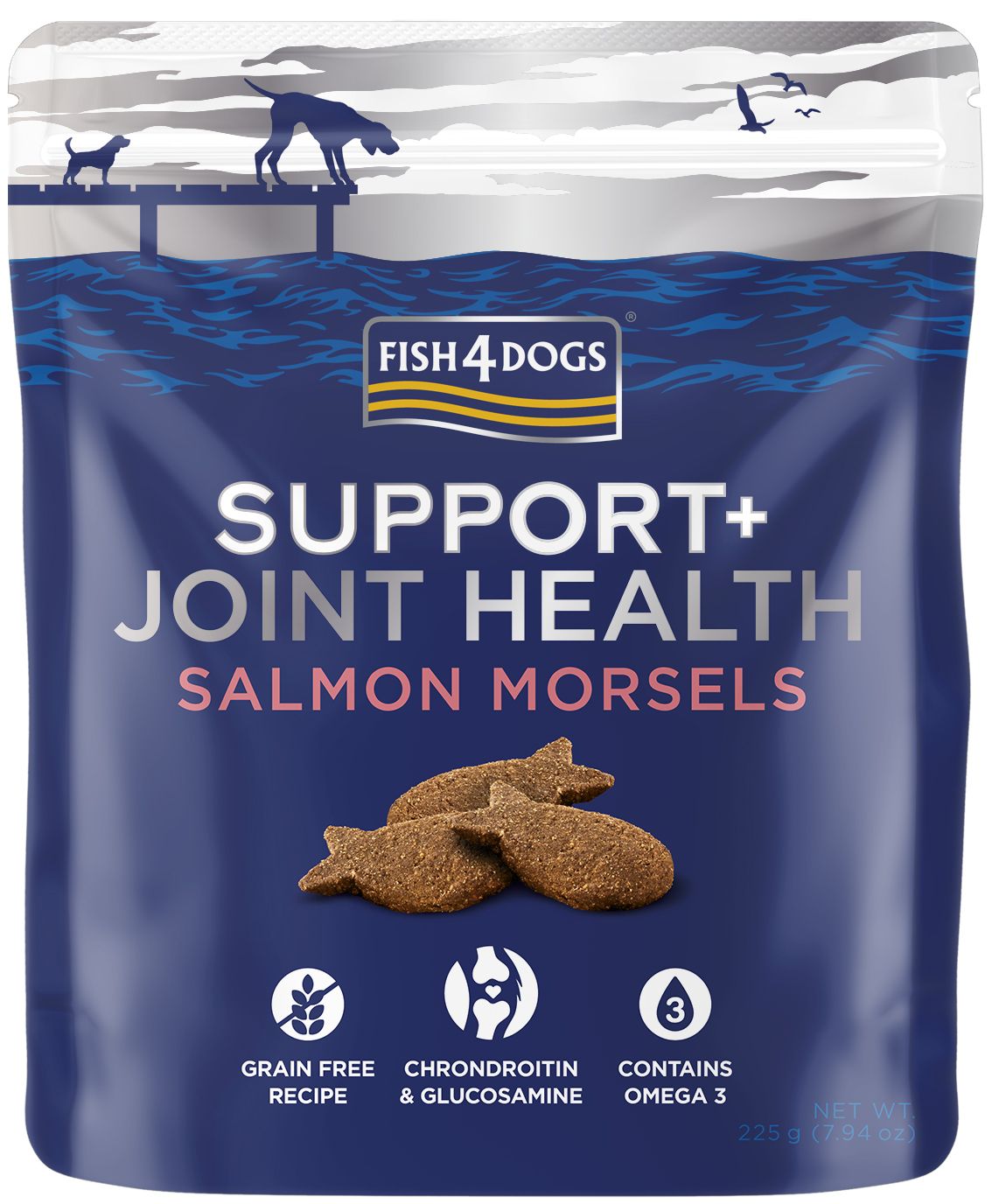 Verpackung mit "Fish4Dogs Support+ Joint Health"-Produkt. Enthält Lachshappen. Aufschrift: "Grain Free Recipe", "Chondroitin & Glucosamine", "Contains Omega 3".
