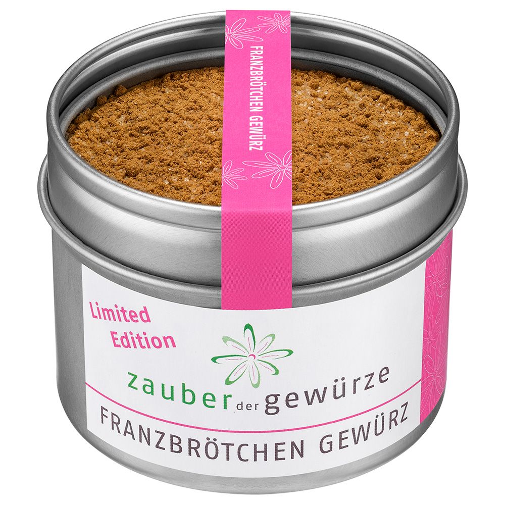 Runde Dose mit Gewürz. Rosa Etikett mit Schriftzug: Zauber der Gewürze Franzbrötchen Gewürz (LE). Deckel offen.