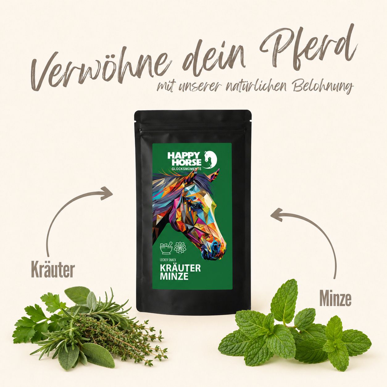 Happy Horse Lecker Snack Kräuter Minze mit frischen Kräutern und Minze daneben.