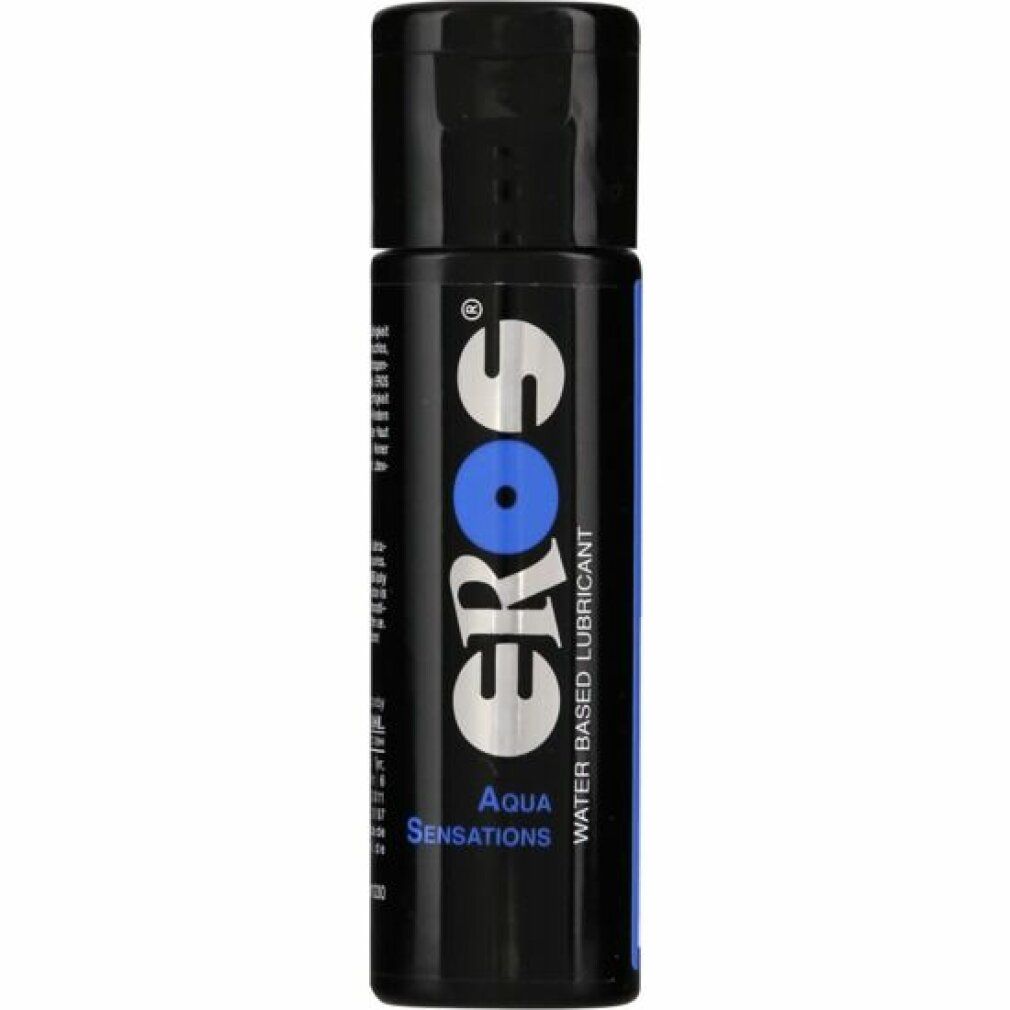 Schwarze Flasche mit blauem Etikett. Aufschrift: EROS, Aqua Sensations, Water Based Lubricant.
