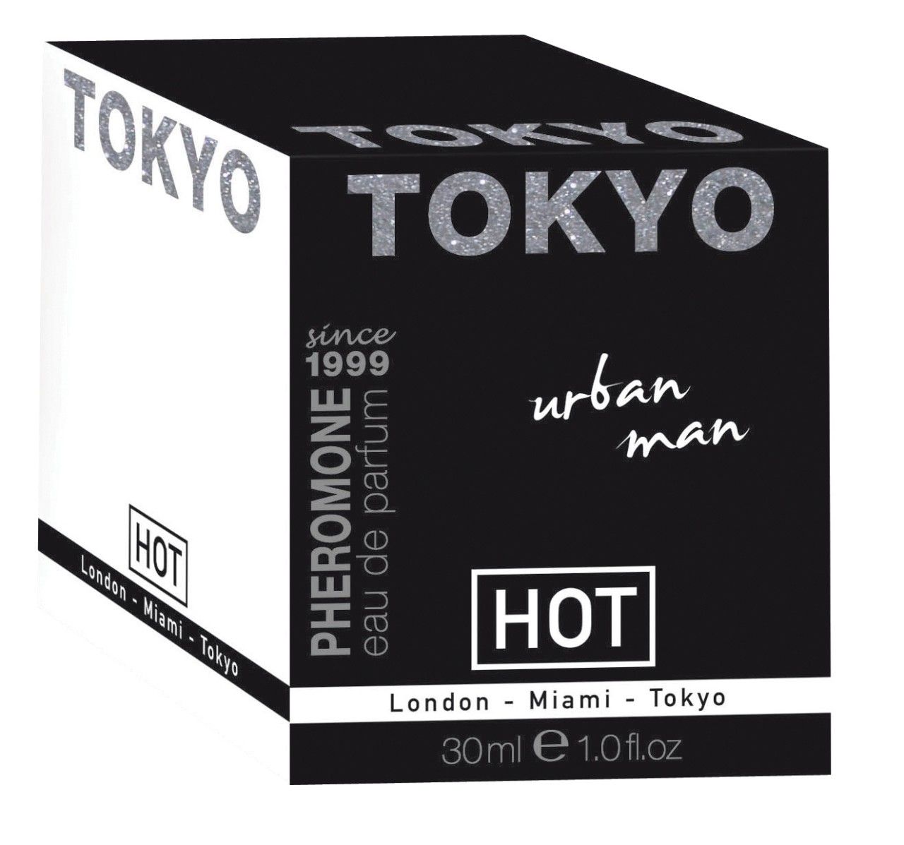 Verpackung von Pheromone Parfum TOKYO – Urban Man, 30ml, schräg von vorne.