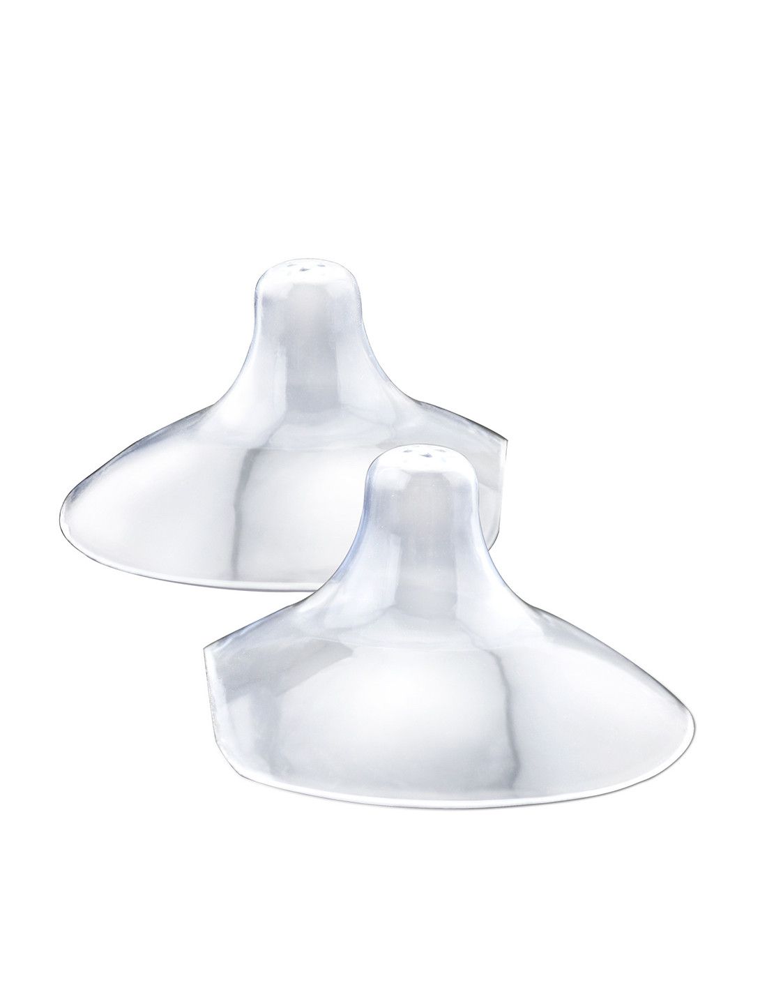 Zwei transparente Stillhütchen. Jedes hat eine runde Basis und eine spitze Form mit Löchern an der Spitze.