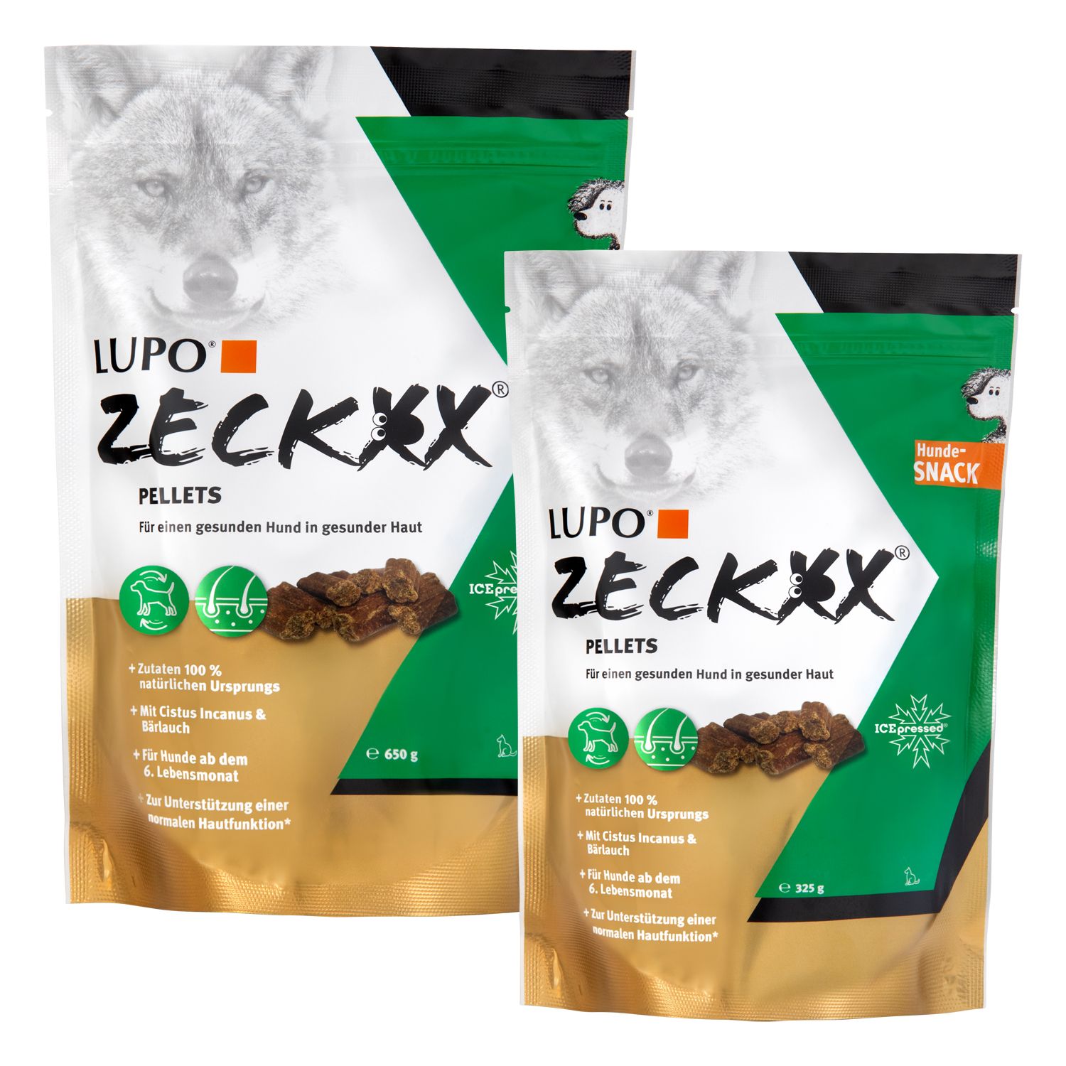 Zwei Beutel Hundesnacks LUPO ZECKXX PELLETS. Grün-goldene Verpackung mit Hund und Wolf. 450g und 325g.