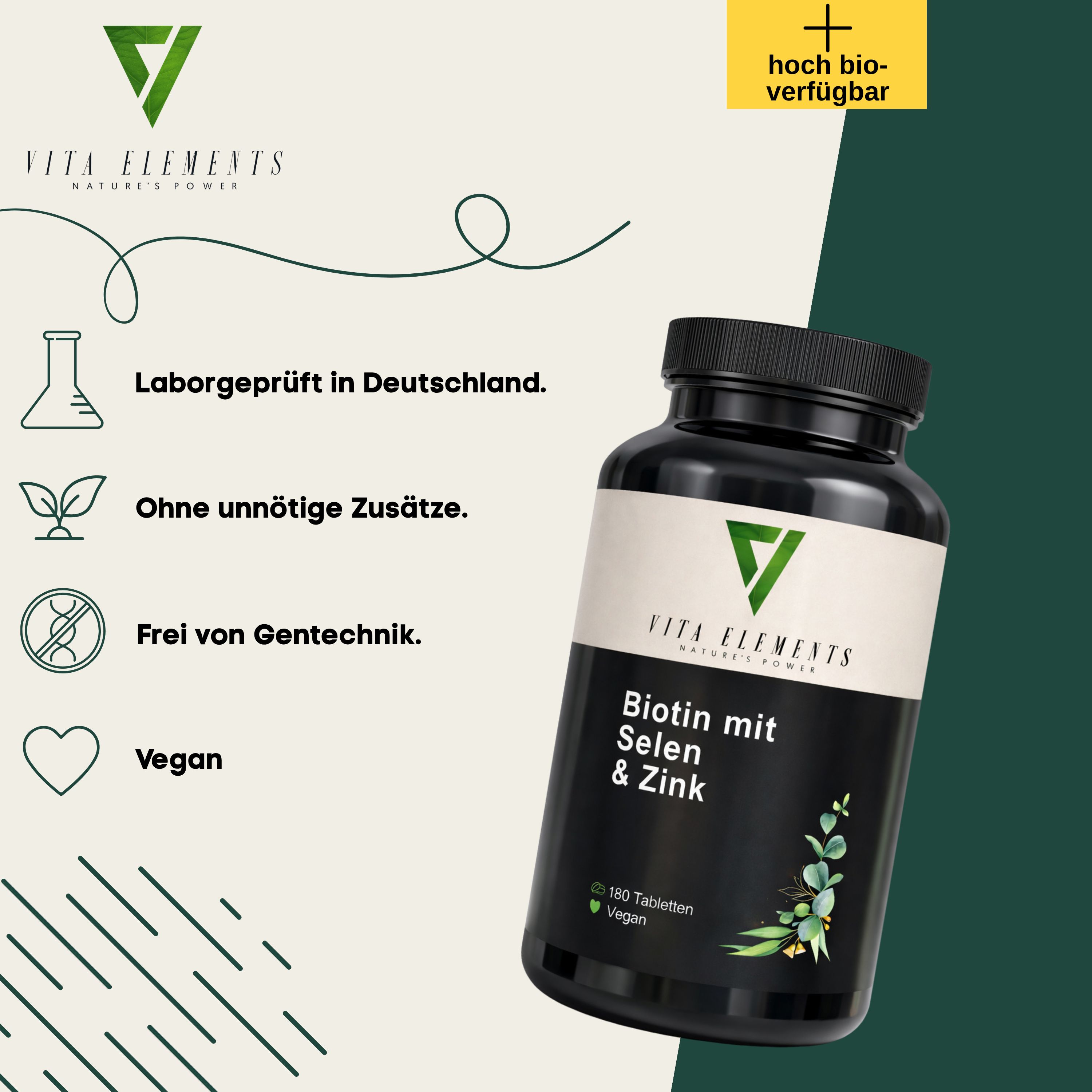 Schwarze Flasche Vita Elements Biotin mit Selen & Zink. 180 Tabletten, vegan. Logos: Laborgeprüft, ohne Gentechnik, vegan.