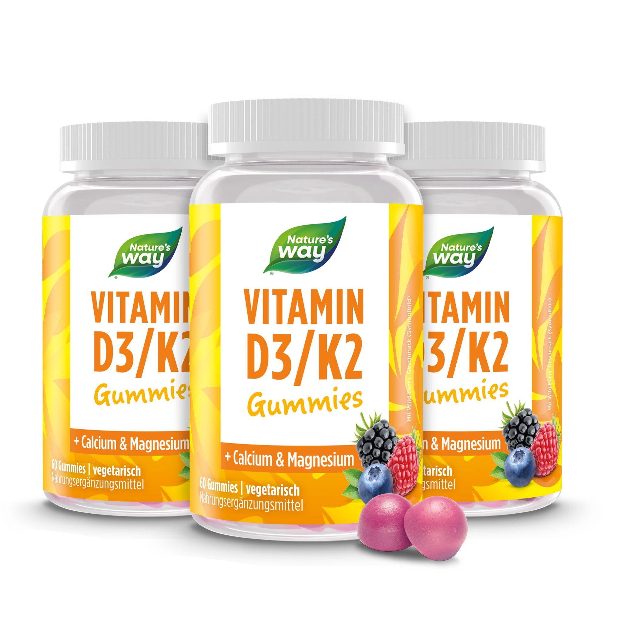 Drei Flaschen Vitamin D3/K2 Gummies. Aufschrift: Nature's Way, Vitamin D3/K2 Gummies, Calcium & Magnesium. Mit Früchten und Gummibärchen.