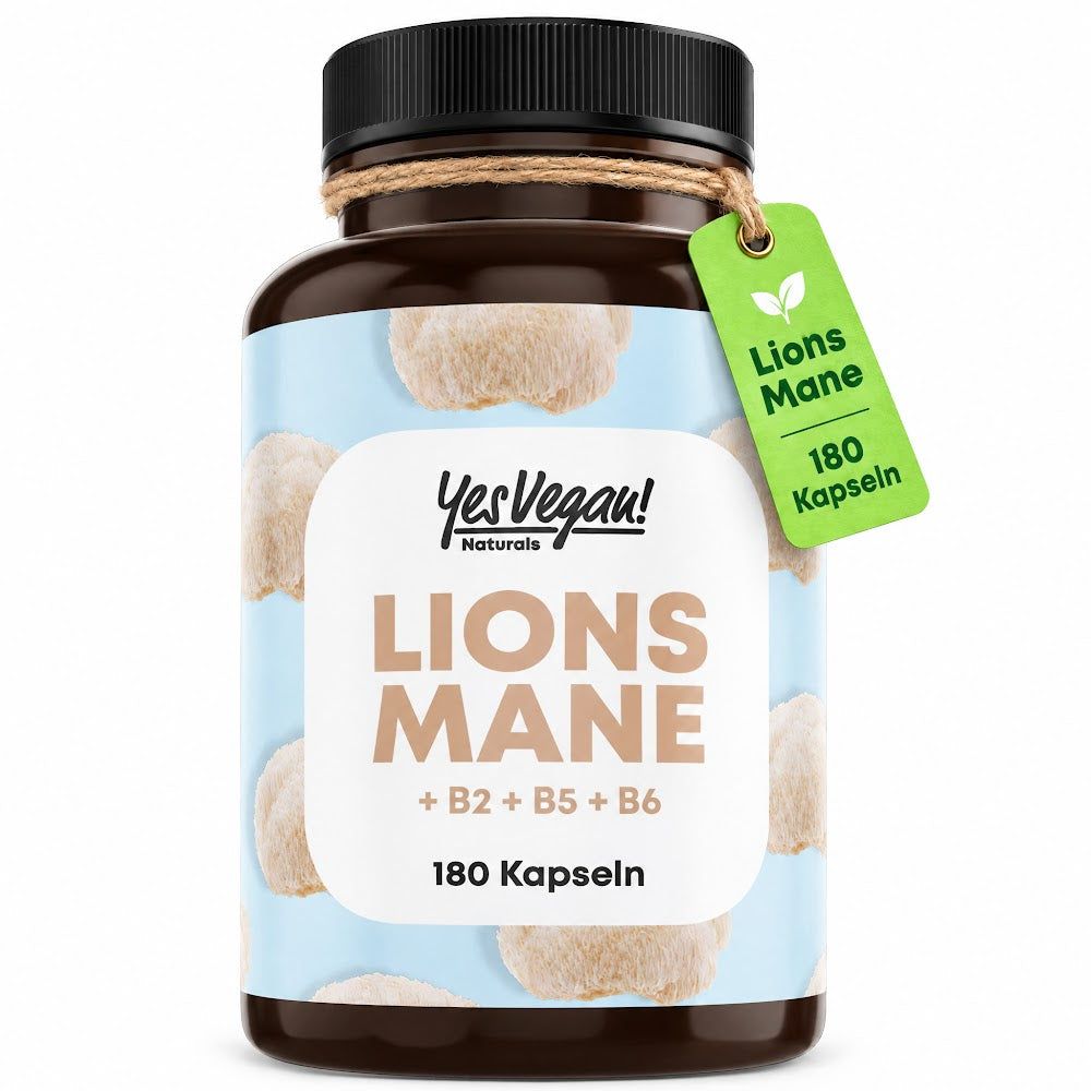 Braune Kapsel mit "Lions Mane + B2 + B5 + B6" und "180 Kapseln" Aufschrift. Enthält 180 Kapseln.