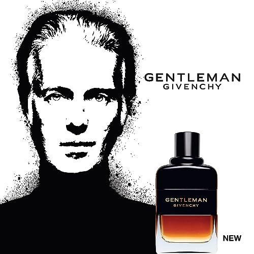 GIVENCHY Gentleman Réserve Privée Eau de Parfum Flakon neben einer stilisierter Porträtzeichnung. "NEW" Aufkleber.