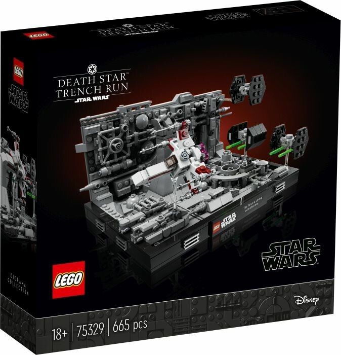 Diorama LEGO Star Wars "Death Star Trench Run". Il set raffigura la scena della trincea della Morte Nera. Include un modello X-Wing, caccia TIE e la superficie della Morte Nera. La confezione mostra il logo LEGO, il titolo, l'età 18+ e il numero di pezzi: 665.