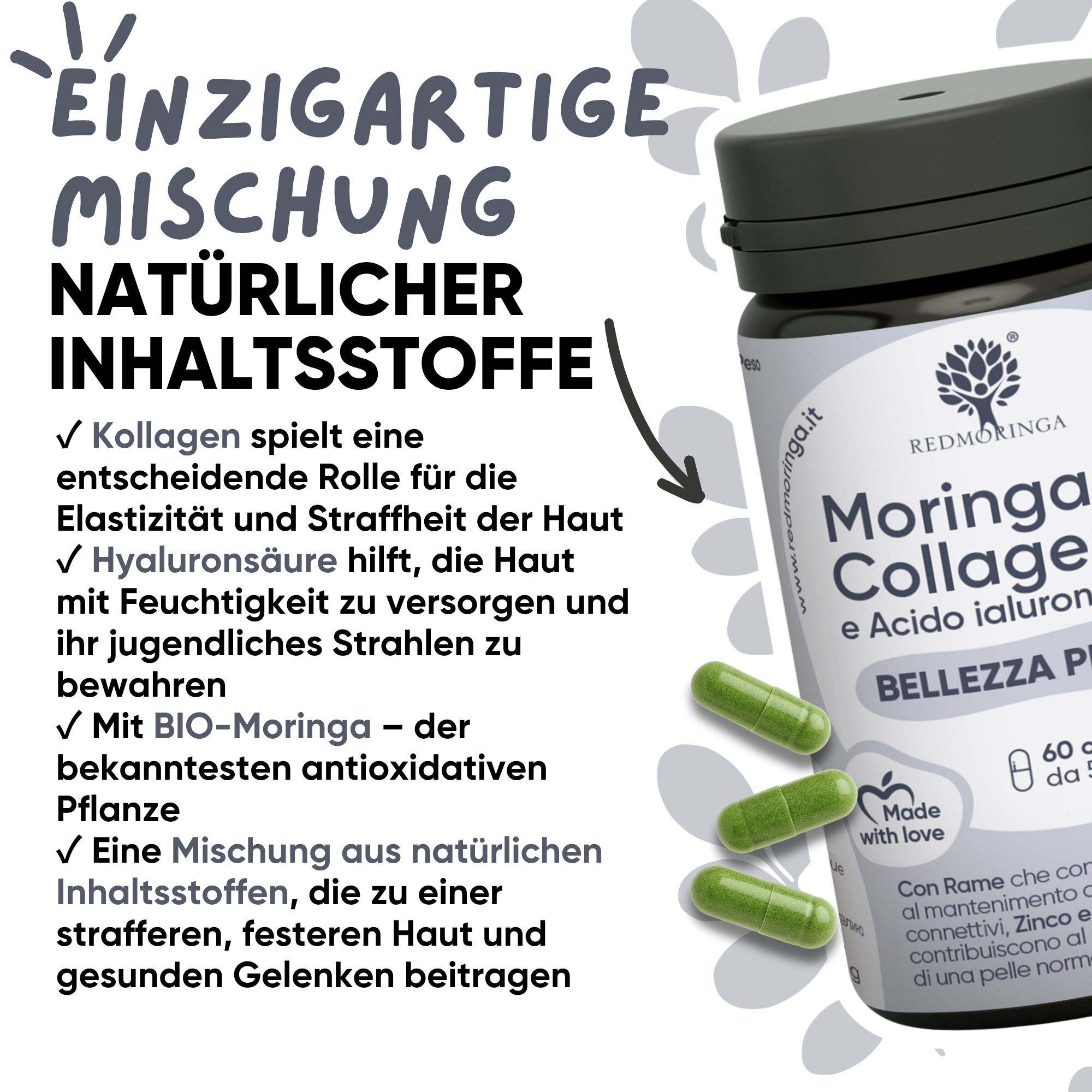 Flasche RedMoringa Kollagen Hyaluron mit Kapseln. Text: Einzigartige Mischung natürlicher Inhaltsstoffe.