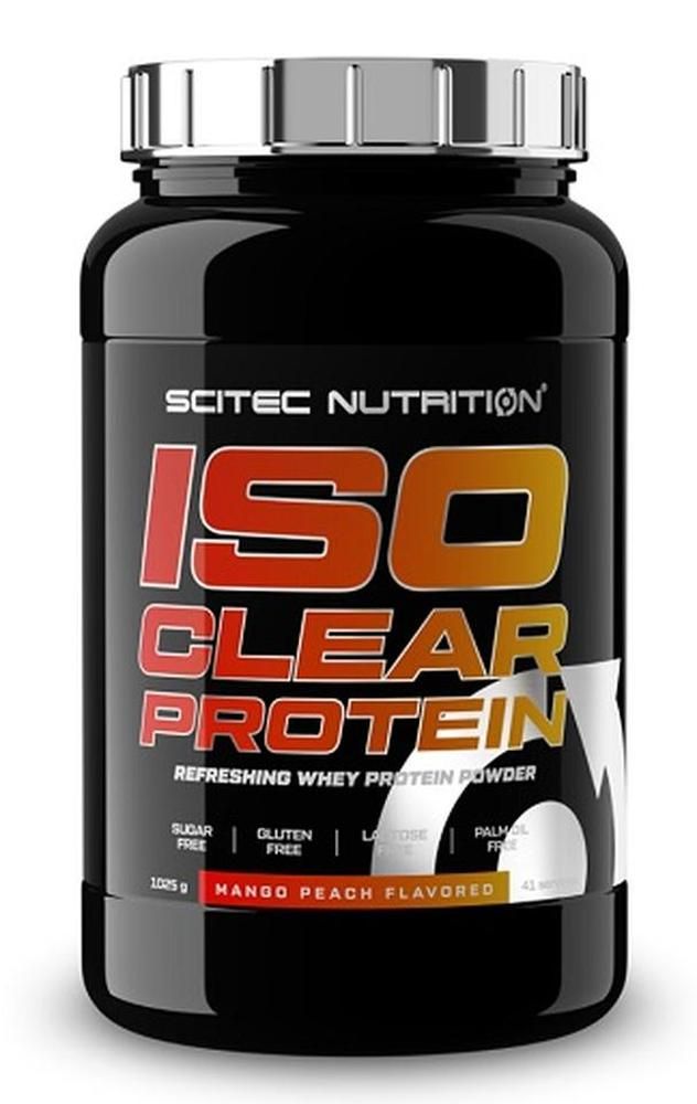 Schwarze Dose mit "SCITEC NUTRITION ISO CLEAR PROTEIN". Mango-Pfirsich-Geschmack. 1025g. Zucker-, Gluten-, Laktose- und Palmölfrei.