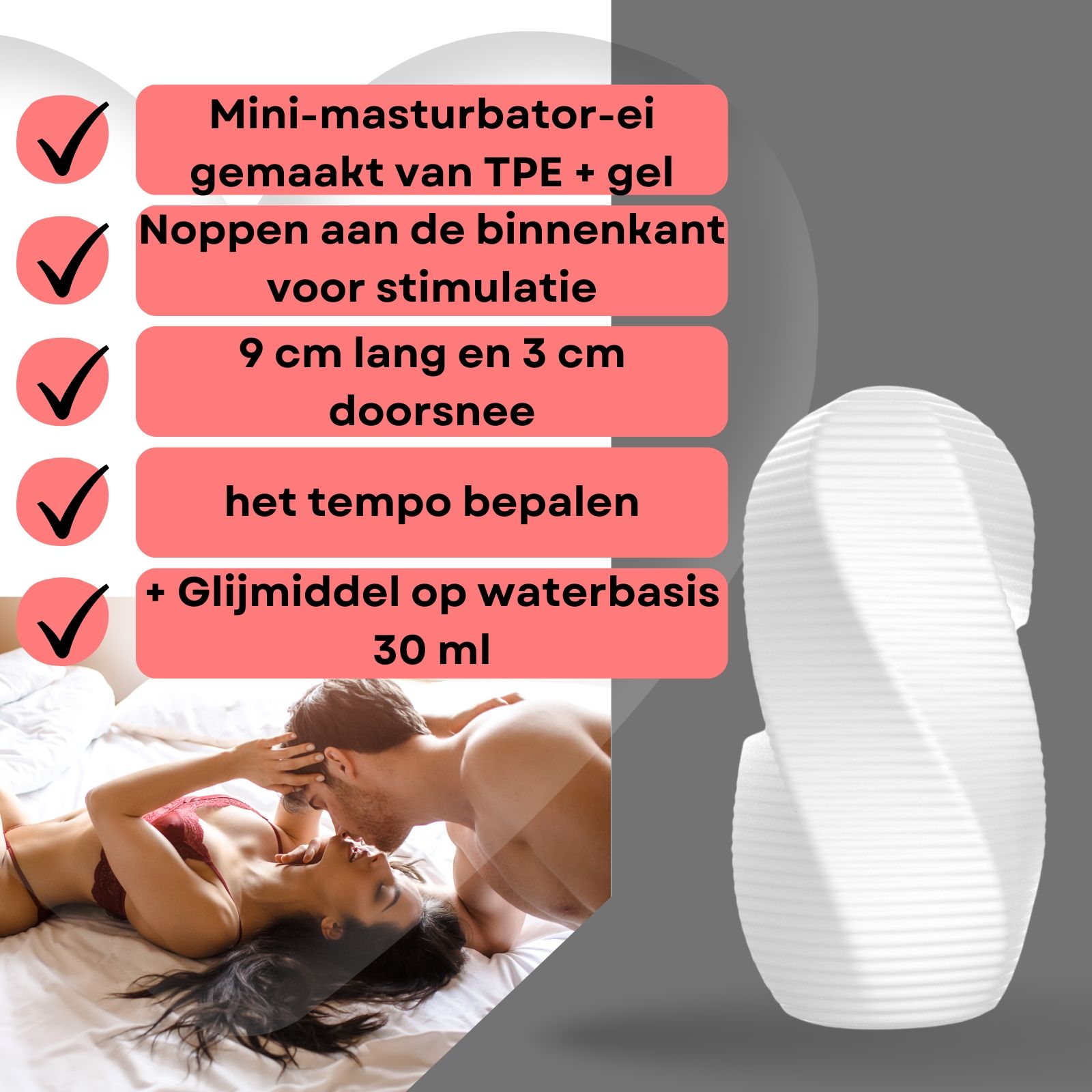 Wit masturbator-ei met noppen. Tekst: Mini masturbator-ei gemaakt van TPE + gel. 9 cm lang en 3 cm doorsnee.
