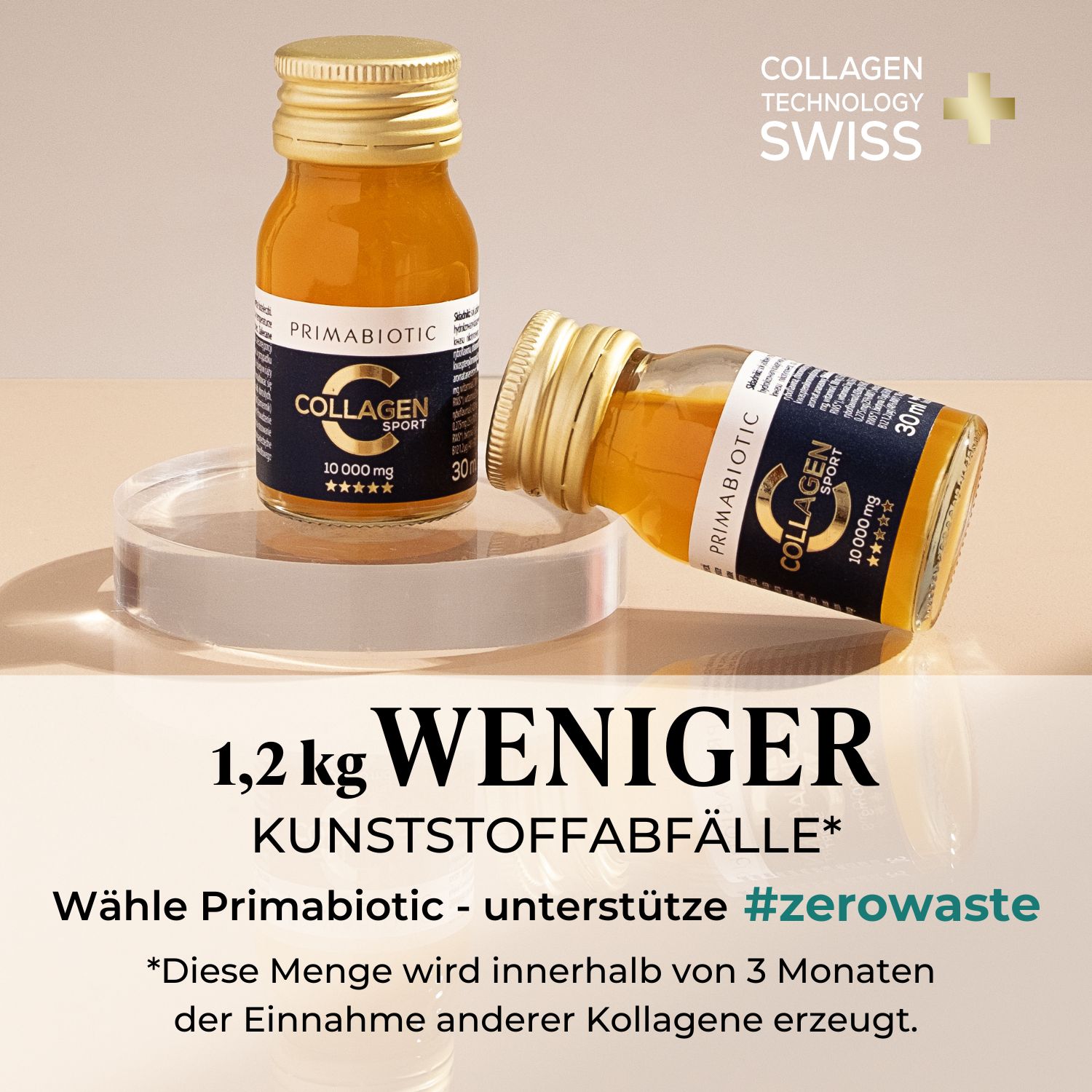 Zwei Flaschen "PRIMABIOTIC COLLAGEN SPORT". Aufschrift: 1,2 kg weniger Kunststoffabfälle. Text: Schweizer Technologie.
