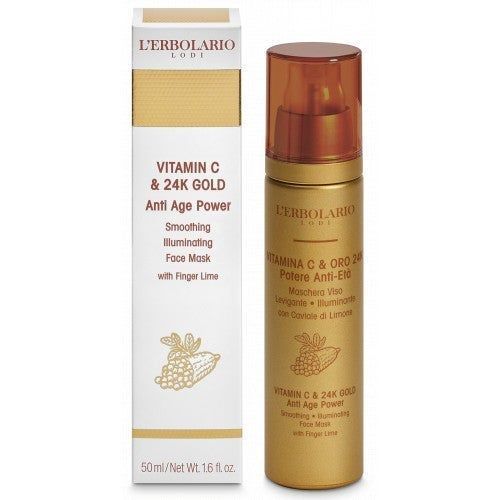 Gesichtsmaske L'Erbolario Vitamin C & 24K Gold. Goldene Flasche und Verpackung. Text: Anti Age Power, Smoothing, Illuminating Face Mask.