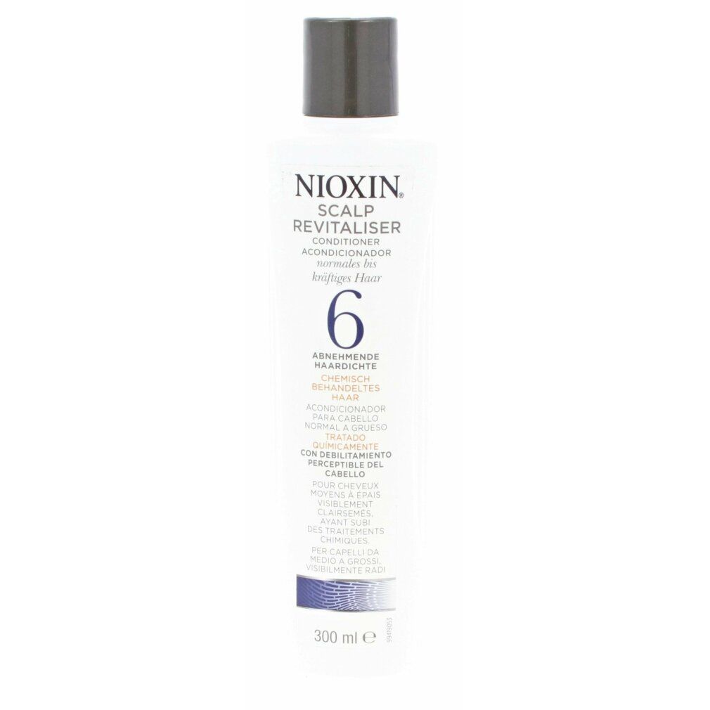 Flasche mit Nioxin Scalp Revitaliser. Weißes Etikett mit schwarzem Deckel. Text: 6, für chemisch behandeltes Haar. 300 ml.
