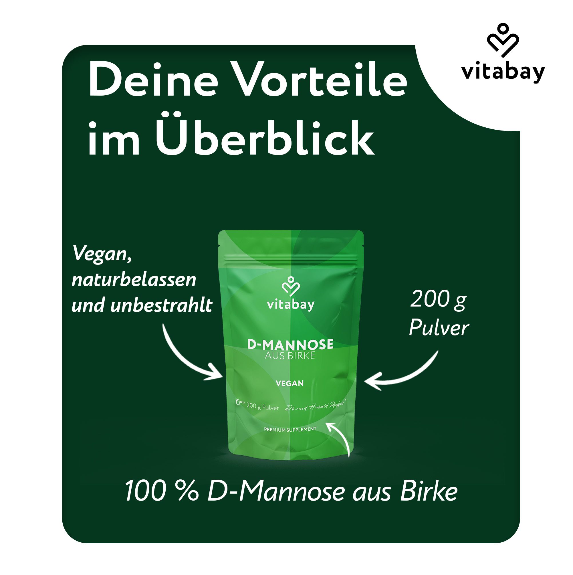 Vitabay D-Mannose Pulver aus Birke: 100% D-Mannose, vegan, natürlich, unbestrahlt.