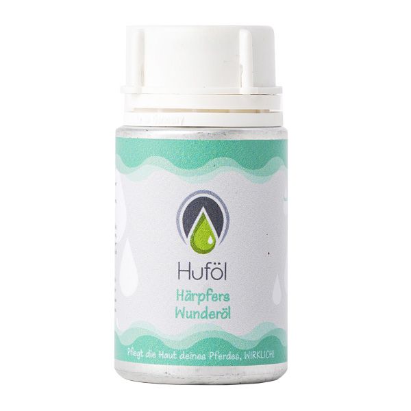Zylindrische Flasche mit weißem Deckel. Etikett mit Logo und Schriftzug: Huföl Härpfers Wunderöl. Text: Pflegt die Haut deines Pferdes, WIRKLICH.