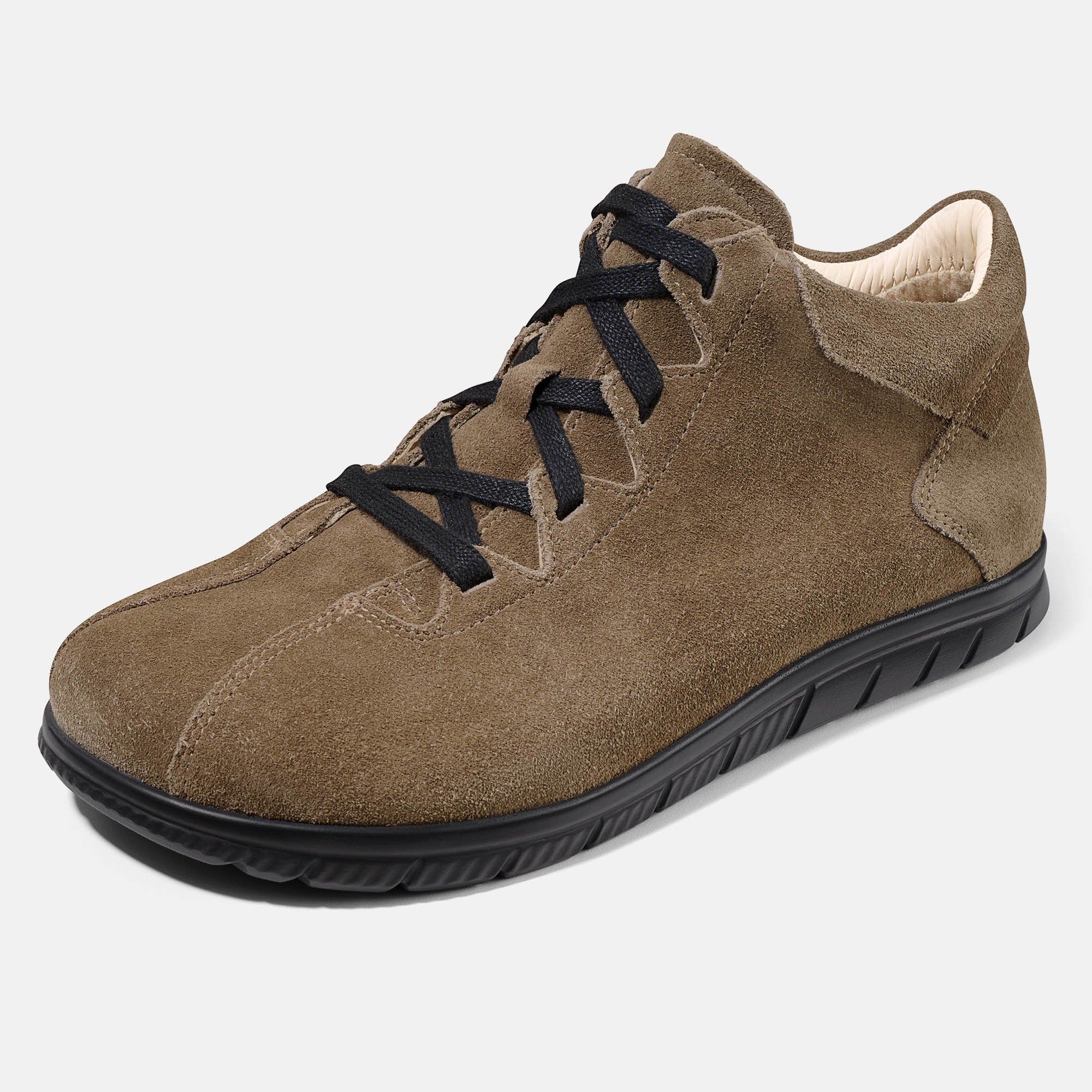 Braune Stiefelette mit Schnürsenkeln. Schwarze Sohle. Hellbraunes Wildleder. Reißverschluss an der Seite.