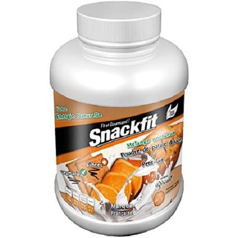 Weißes Snackfit-Behälter mit braunem Etikett. Aufschrift: ISO-Whey + Patate Douce. Französische Marke.