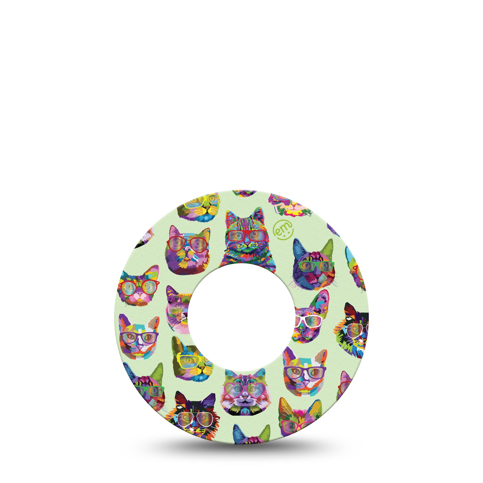 Runder Fixierring mit Katzenmuster und Loch in der Mitte. Hellgrüner Hintergrund. Aufdruck: Katzenköpfe mit Brillen.