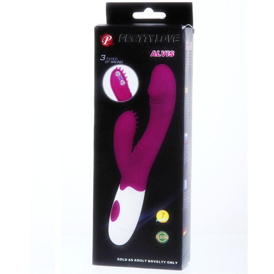 Verpackung von Pretty Love Alvis Vibrator. Schwarzer Karton mit Produktabbildung. Lila Vibrator mit weißem Griff. Text: "Pretty Love".