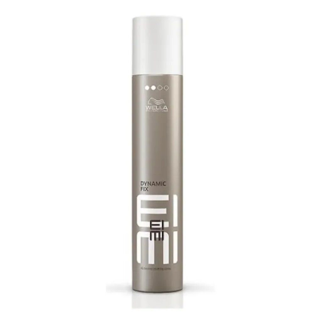 Zylindrische Dose mit weißem Deckel. Aufschrift: Dynamic Fix, EIMI, Wella. Beige-braune Farbe. Sprühflasche.
