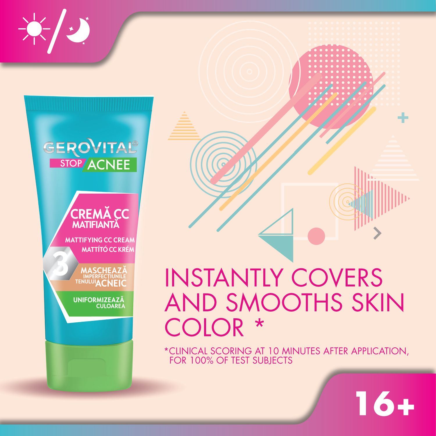 Gerovital Stop Acnee CC Creme Tube mit Text. Text: Deckt sofort ab, glättet Hautton. 16+ Symbol.